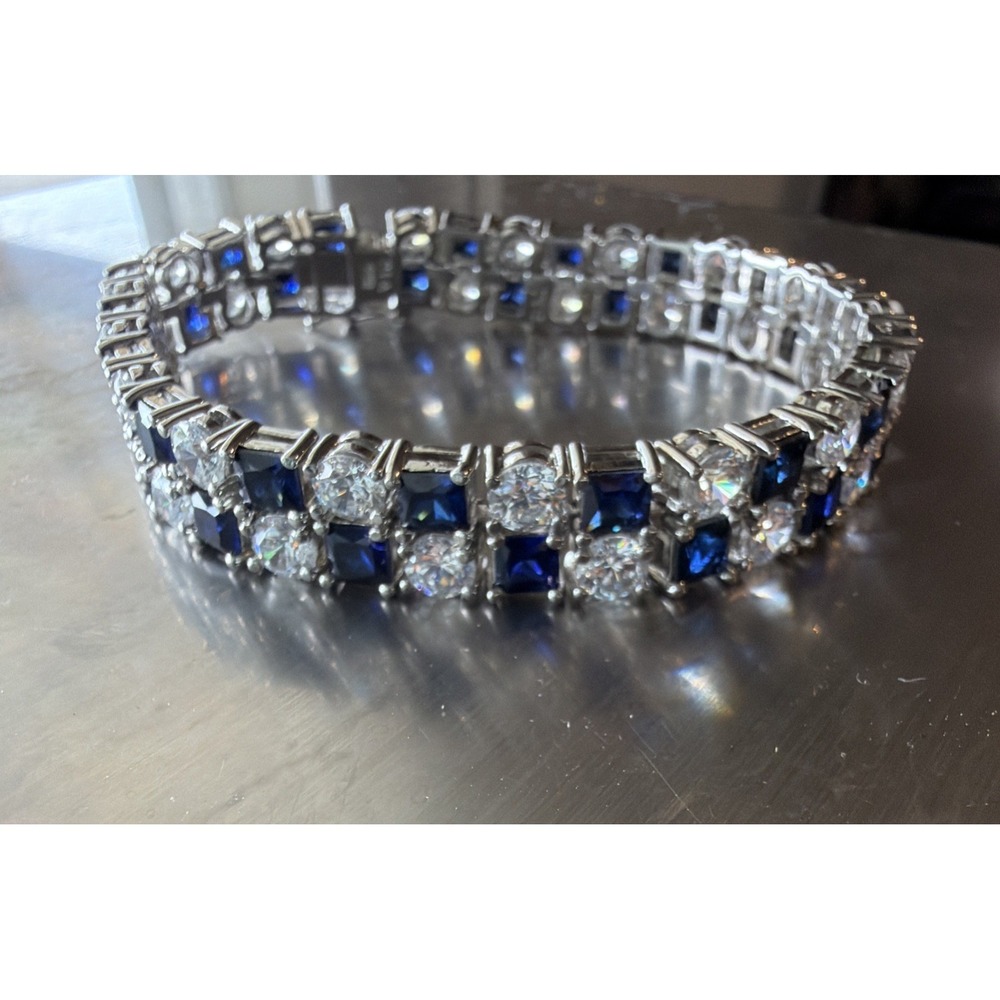 Vtg Jay King Rare Double Row Blue Sapphire Sterling 925 Tennis Bracelet 30g 7.5"